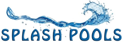 Splash Pools logo with blue flowing water wave design